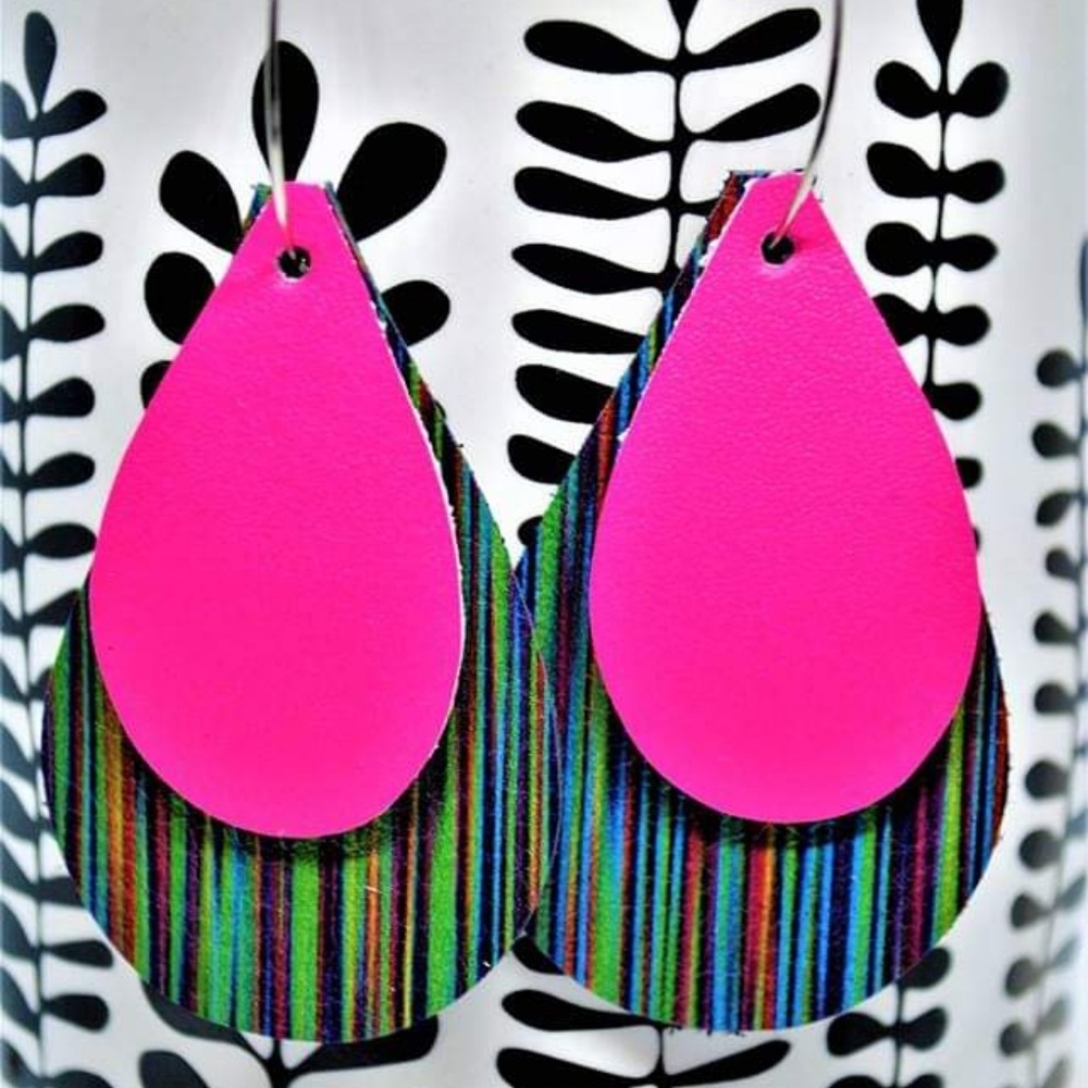 Genuine Leather Earrings-Hot Pink & Serape